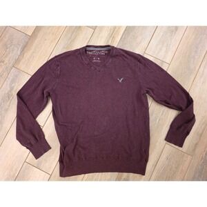 American Eagle Outfitters Mens Burgundy V-Neck Cotton Sweater Eagle Logo Medium